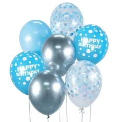 Ballonbuket B&C Glædelig fødselsdag sølv og blå 7 stk.