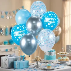 Ballonbuket B&C Glædelig fødselsdag sølv og blå 7 stk.