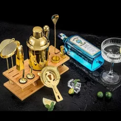 Barsæt deluxe guld 11 dele i træ stander