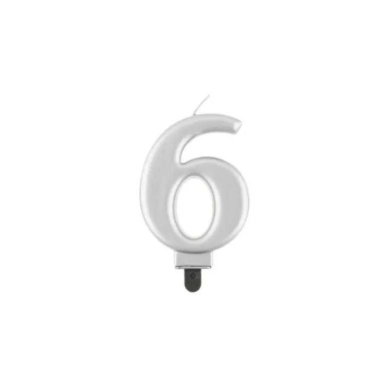Fødselsdagslys tal 6 metallisk sølv 8.0 cm