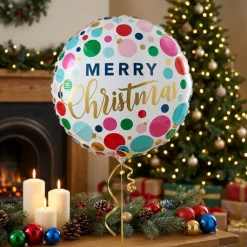 Folieballon 45cm QL RND "Glædelig Jul" (farvede prikker og dekorationer)