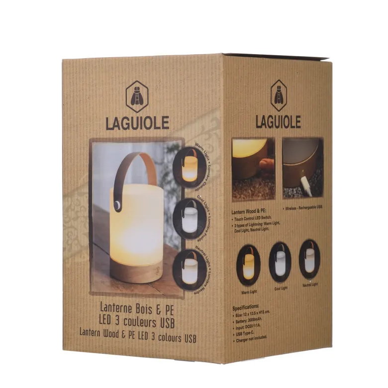 Laguiole bærbar LED lanterne 3 farver USB