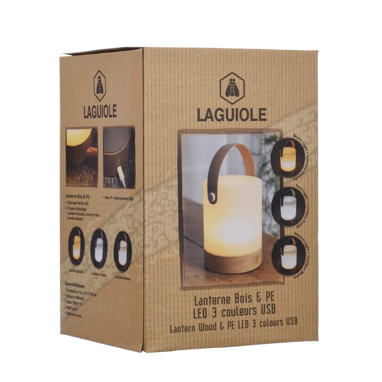 Laguiole bærbar LED lanterne 3 farver USB