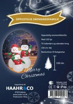 Oppustelig Snemandsfamilie med LED lys. Til uden- og indendørs brug. 150 cm