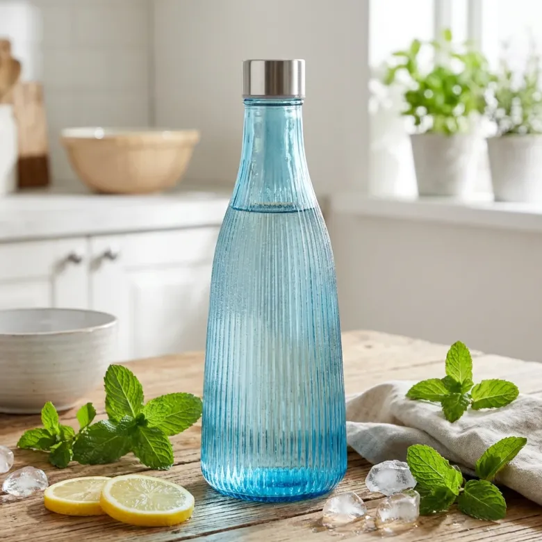 Vandflaske med låg glas 1L Blå H28cm