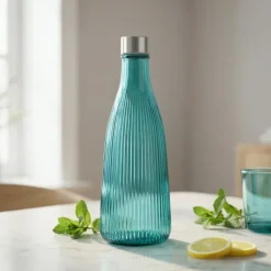 Vandflaske med låg glas 1L Turkis H28cm